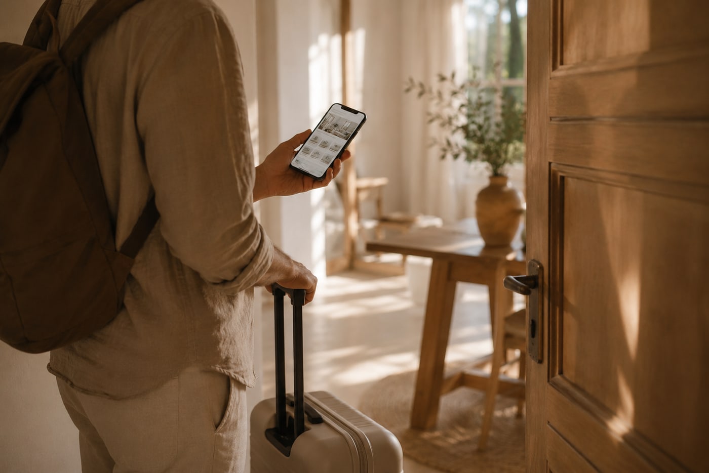 Gość z walizką sprawdza telefon przy wejściu do apartamentu